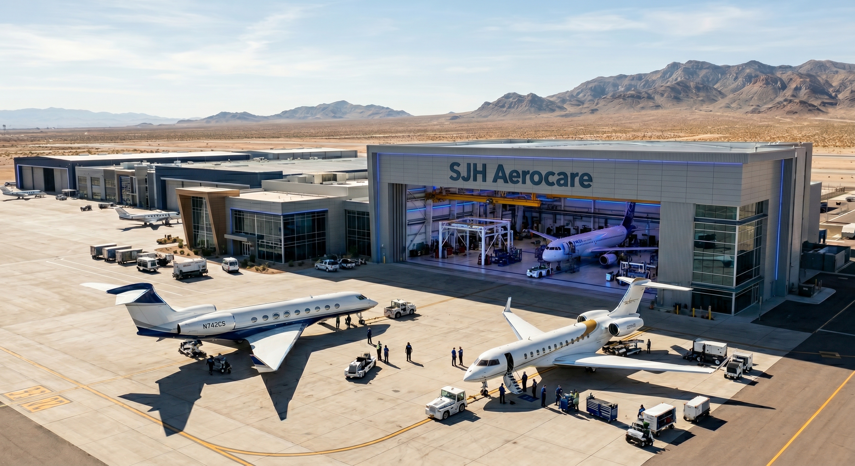 SJH Aerocare Pinal Airpark facility — aerial view of maintenance hangars and aircraft storage apron