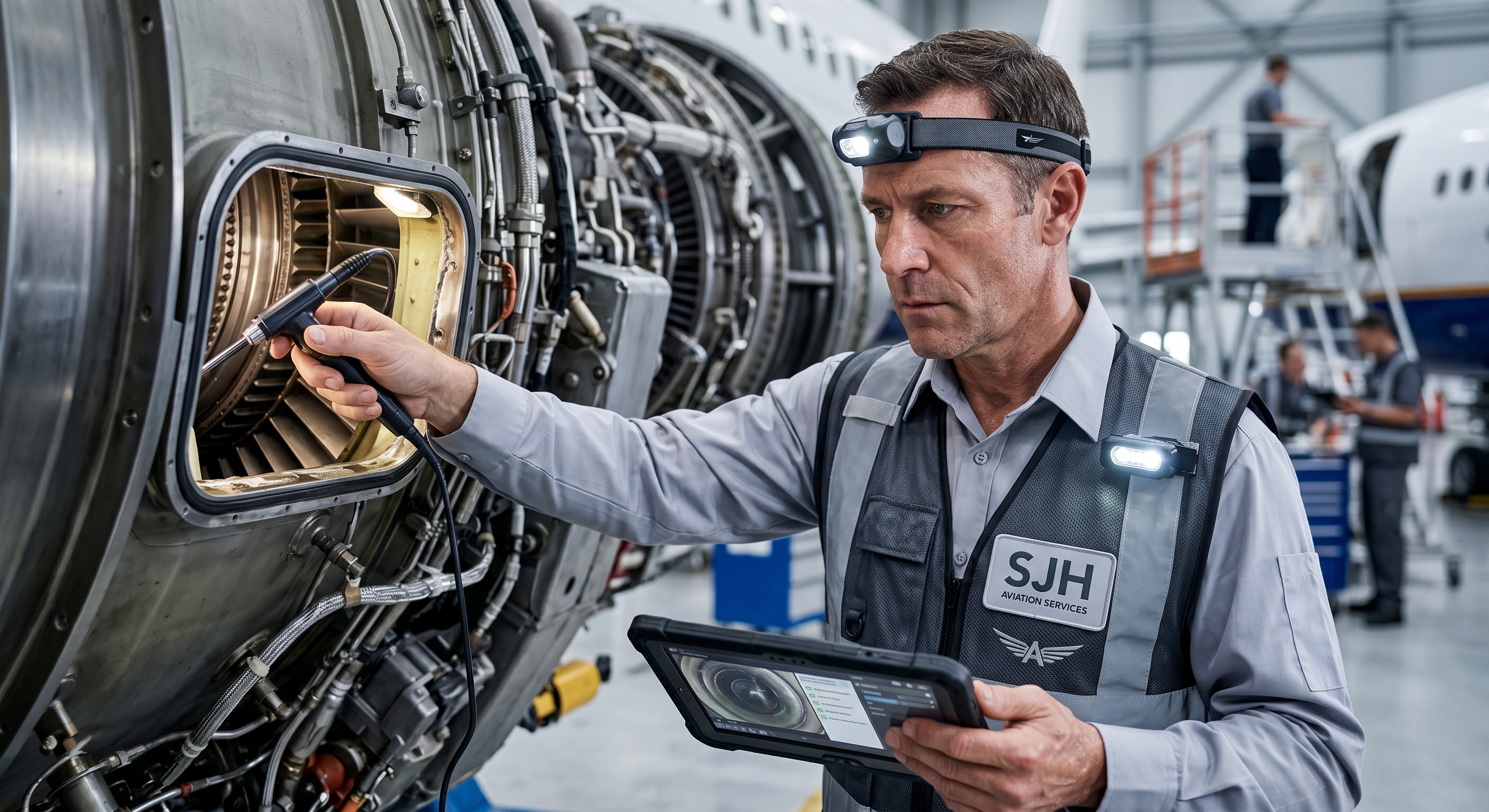 SJH Aerocare technician performing precision engine inspection in our Pinal Airpark maintenance bay